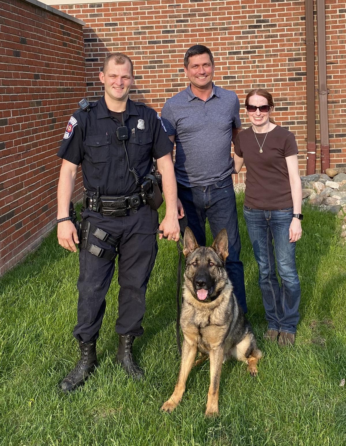 Dennis and Jennifer with Bear and Officer Anderson